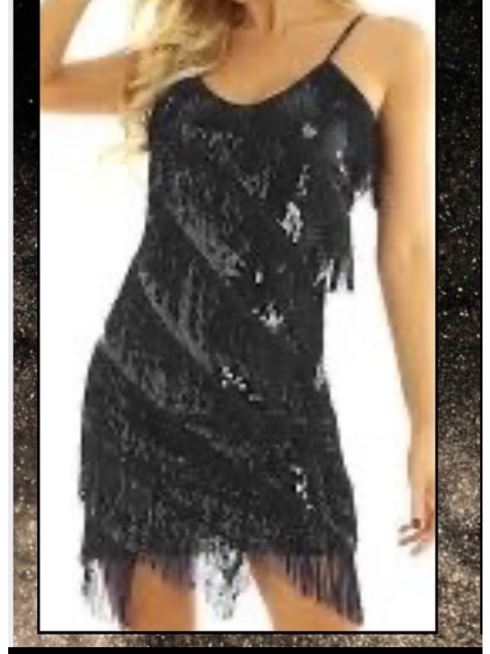 1920S GATSBY V-NECK SEQUINED LAYERED FRINGE FLAPPER MIDI
DRESS - BLACK